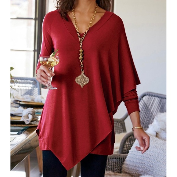 Soft Surroundings Tops - Soft Surroundings Red Madeline Tunic Medium Cape Overlay V-Neck Raglan Sleeves